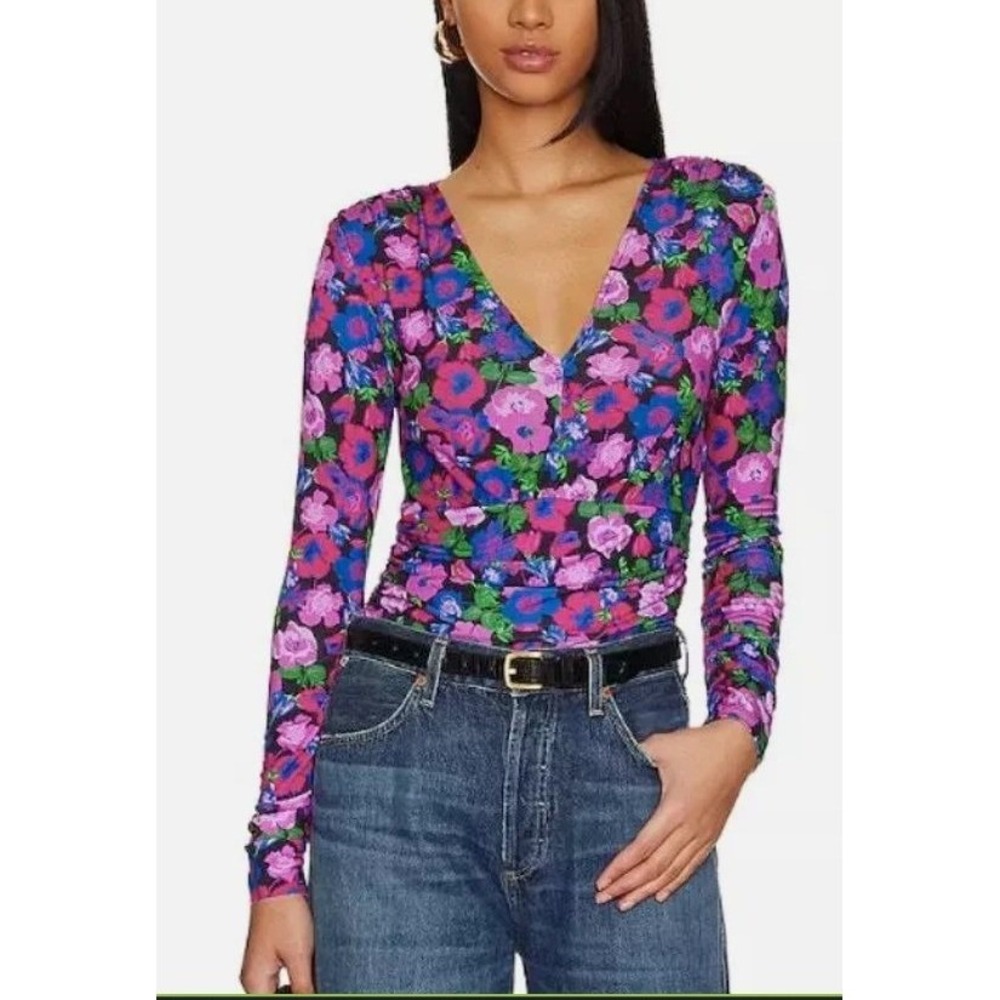 Sanctuary Women Babydoll Floral Ruched Mesh‎ Long Sleeve Top Size M Cottage